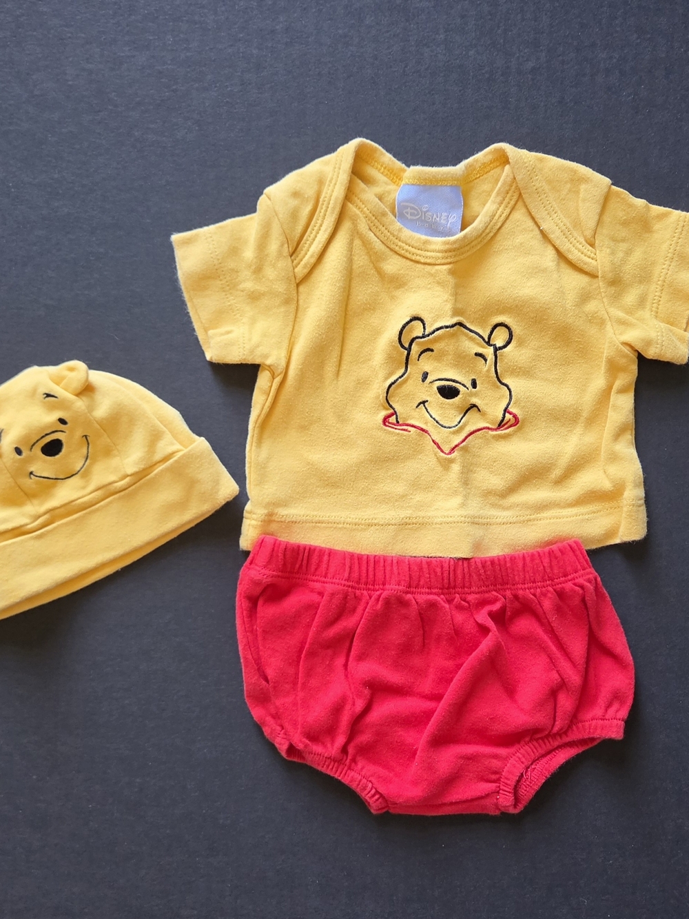 Disney Baby Winnie The Pooh 3PC Set 0-6M Yellow Red Shirt Shorts Hat Excellent